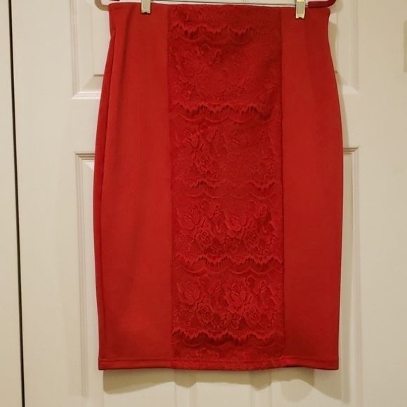 Sequin Hearts Red Pencil Skirt W/Lace